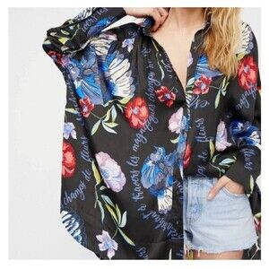 FREE PEOPLE Black Silky Nights Floral High Low Tunic Blouse Top Large Oversized